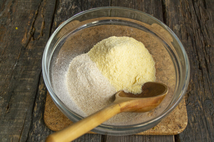 Preparing the Flour Base Whole wheat flour and cornmeal mixed in a bowl