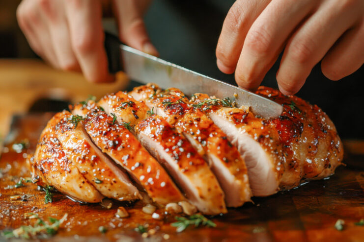 Slices of juicy roasted chicken breast garnished with fresh herbs served on a rustic wooden cutting board.