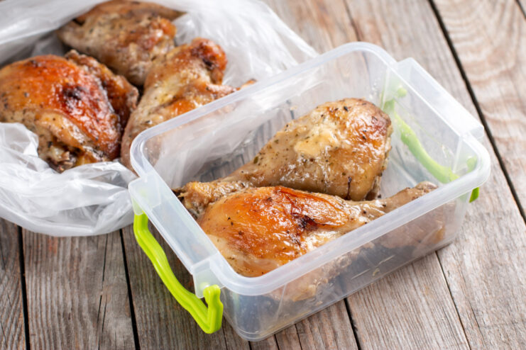 Roasted chicken legs packed neatly in a clear plastic food storage container on a wooden table.