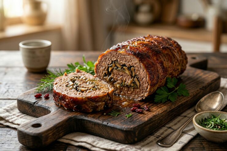 Juicy sliced meatloaf with a dark mushroom filling resting on a wooden cutting board