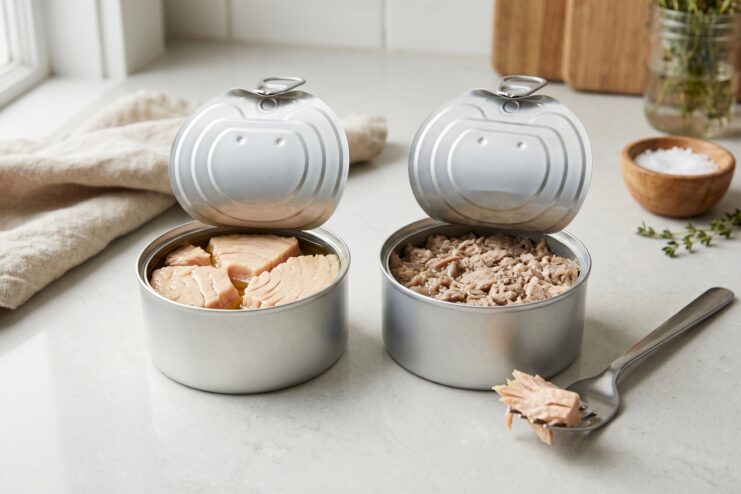 Comparison between solid fillet and flaked canned tuna Side-by-side comparison of solid chunk canned tuna and a densely packed flaked tuna mixture.