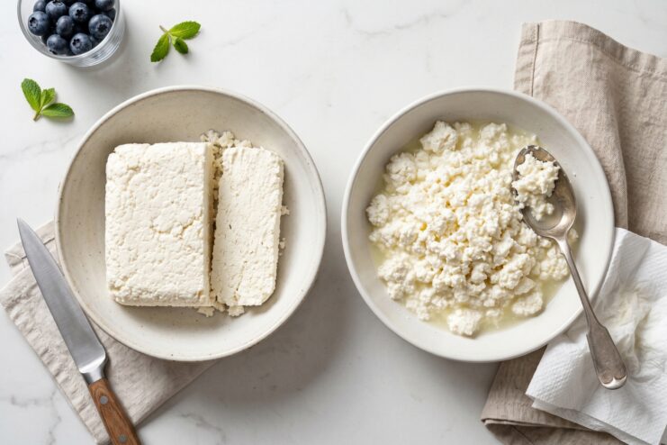 Comparison of different farmer's cheese textures Side-by-side comparison of dense block-style farmer's cheese and wet grainy cottage cheese in ceramic bowls.