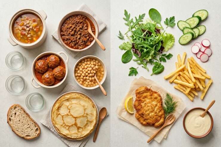 Comparison of foods suitable and unsuitable for freezing Side-by-side comparison of freezer-friendly stews against fresh salads and fries