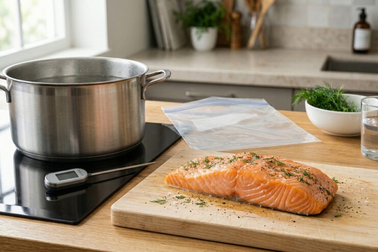 Basic equipment and ingredients for home sous-vide Salmon steak on a wooden cutting board next to a large pot and a kitchen thermometer