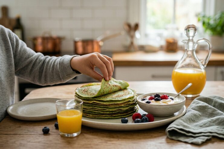 A stack of appetizing green crepes made with spinach topped with fresh berries for breakfast