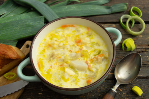 Creamy Cheese Soup With Leeks, Bacon, and Dumplings