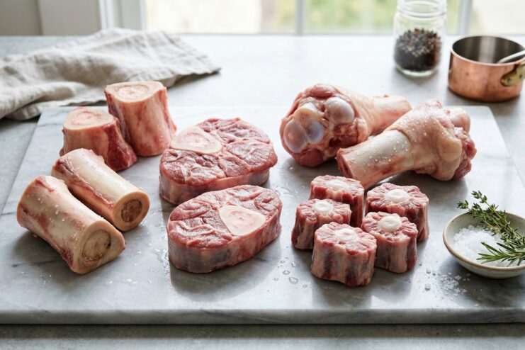 Bone Selection for a Rich Broth Raw beef marrow bones, joints, and oxtails on a marble background