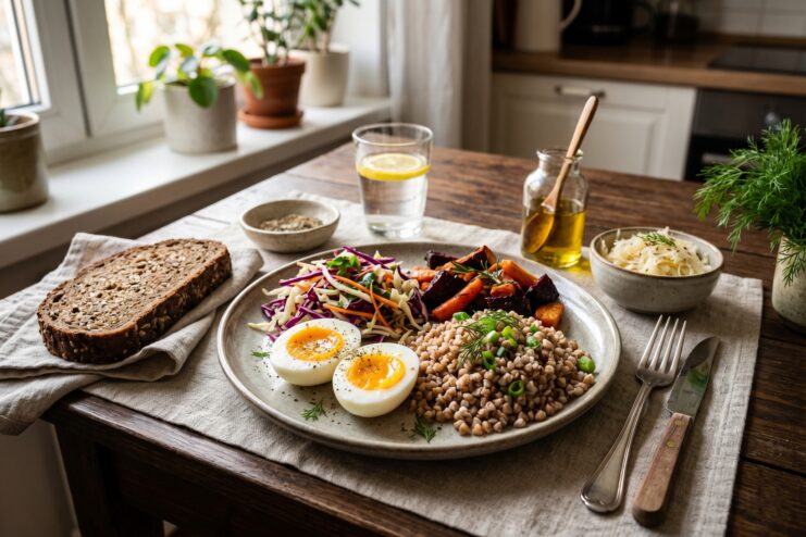 Healthy Plate Construction For Daily Meals Nutritional plate containing buckwheat, boiled eggs, and fresh greens demonstrating the balanced portion rule
