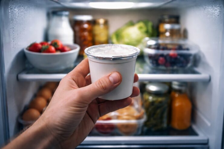 Checking Yogurt Freshness in the Refrigerator Hand holding yogurt container in open refrigerator