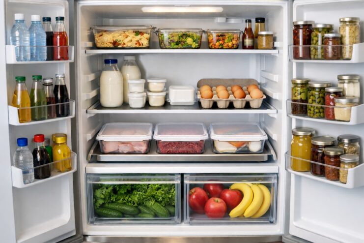 Organized Refrigerator Zones for Meat, Dairy, and Sauces Properly organized refrigerator with distinct zones for ready meals, dairy, eggs, and raw meat