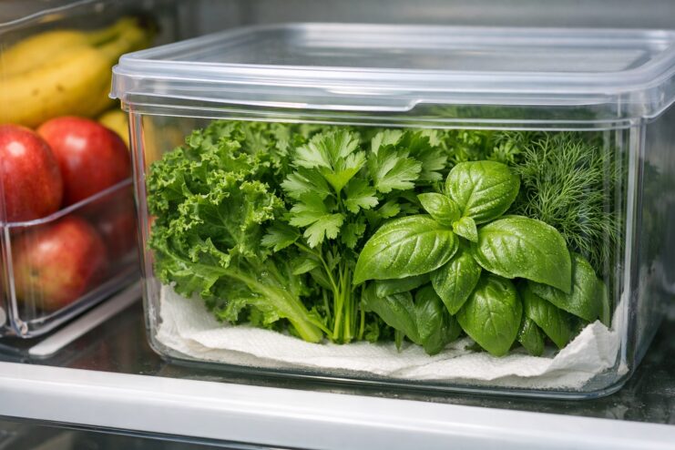 Storing Herbs in a Container With a Damp Paper Towel Fresh herbs stored in a plastic container with a damp paper towel to maintain moisture