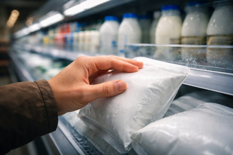 Customer Checking the Temperature of Refrigerated Groceries Person touching a refrigerated product in a supermarket display case to check its temperature