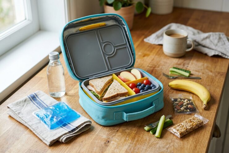 Safe storage for school snacks Insulated bag with an ice pack and a lunchbox