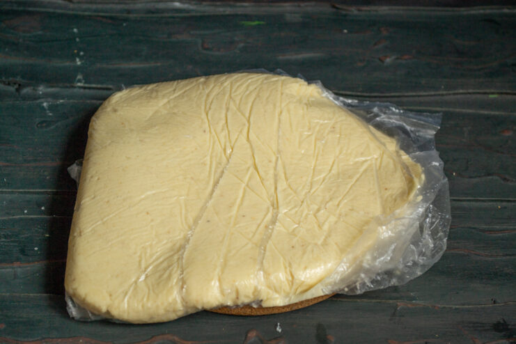 Chilling dough in the freezer Dough wrapped in a plastic bag for chilling