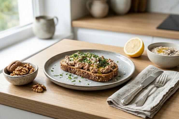 Healthy snack with cod liver and nuts Toast topped with cod liver pate next to walnuts on a table