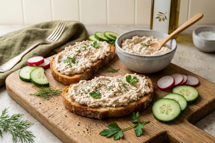 Toasted bread with homemade tuna rillettes and herbs Crispy toasts topped with creamy tuna rillettes, fresh herbs, and sliced vegetables on a plate.