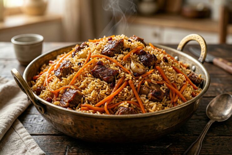 Fluffy traditional plov rice dish loaded with abundant vibrant orange sliced carrots