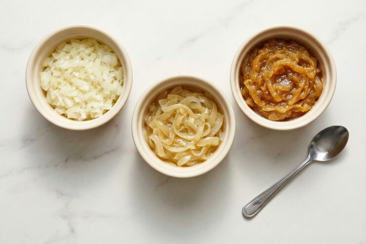 Different stages of cooking chopped onions Three stages of cooked onions ranging from translucent to caramelized