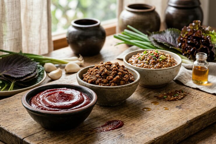 Basic Korean sauces including gochujang, doenjang, and ssamjang Three types of Korean pastes including gochujang, doenjang, and ssamjang in ceramic bowls