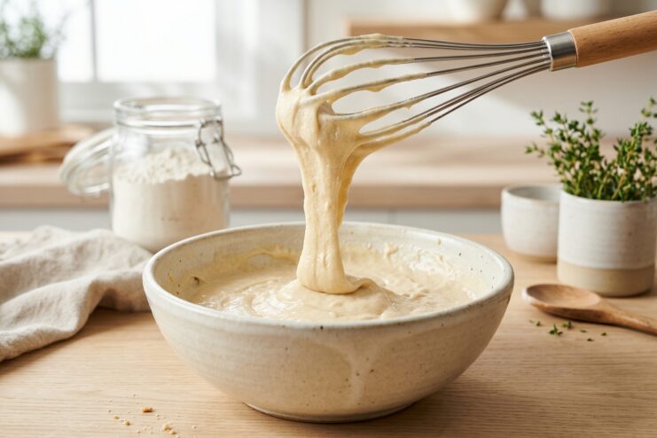 Proper consistency of gluten-free dough Stretchy light-colored gluten-free dough dripping from a kitchen whisk into a bowl