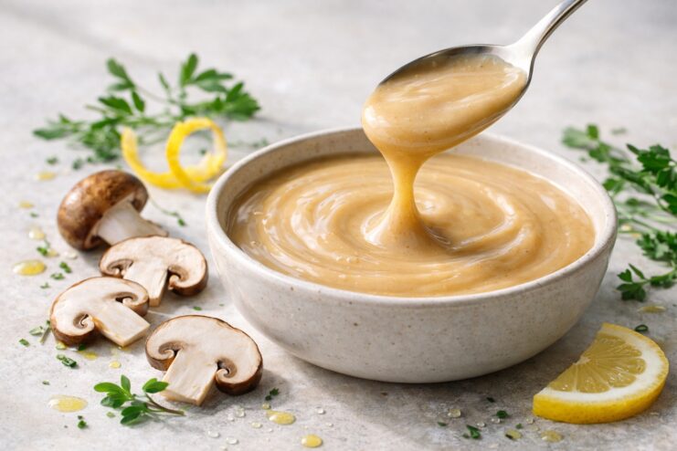 Miso Dressing With Mushrooms Thick miso dressing dripping from a spoon into a bowl; sliced mushrooms, fresh herbs, oil droplets, and lemon nearby.