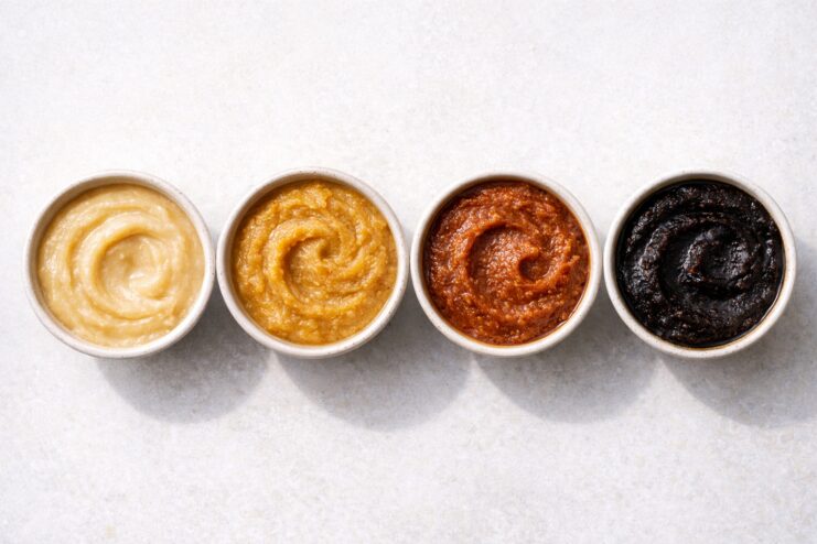 Miso Paste by Color From Light to Dark Four bowls featuring miso paste in various colors, ranging from light to almost black, arranged on a bright background.