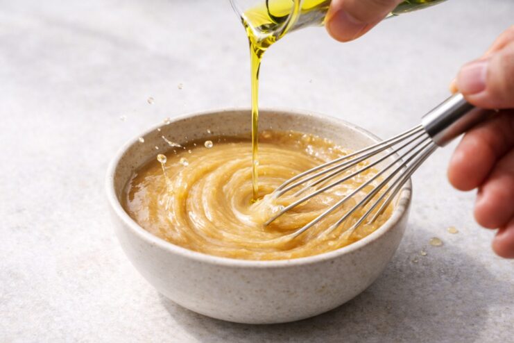 Emulsifying Miso Paste With Oil Whisking a miso base in a bowl while pouring olive oil in a thin stream to create a perfectly smooth emulsion.