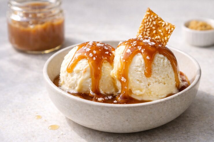 Miso Caramel Over Ice Cream Two scoops of vanilla ice cream topped with miso caramel, flaky sea salt, and a crispy sesame wafer.