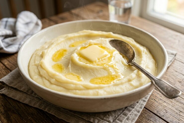 Fluffy bowl of mashed potatoes topped with a melting square of butter