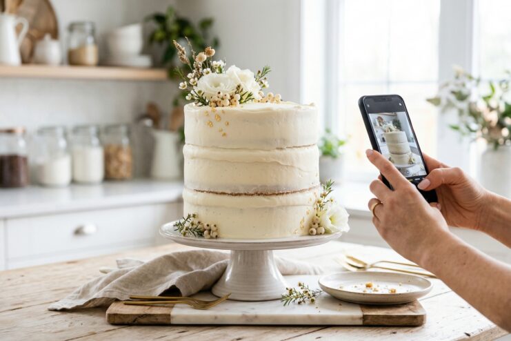Melting frosting on a tall cake Tall white frosted cake decorated with fresh flowers sitting on a cake stand in front of a smartphone camera