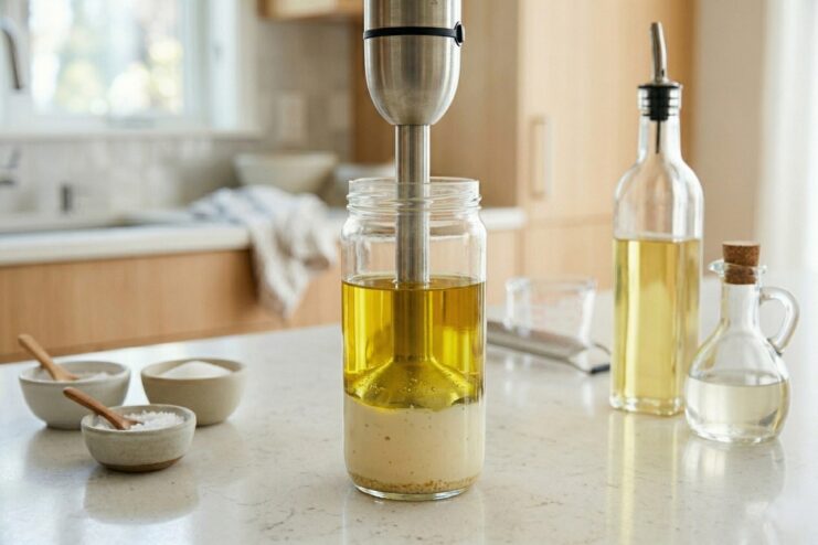 Mayonnaise emulsification process with a blender Blending mayonnaise with an immersion blender in a narrow glass jar