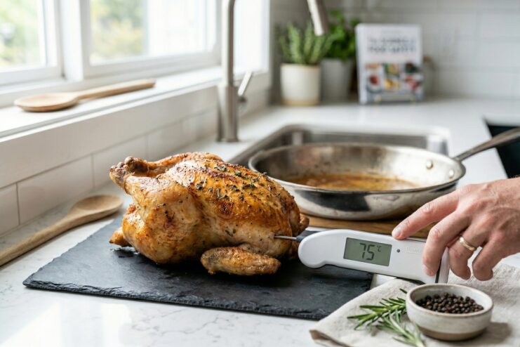 Checking Chicken Internal Temperature Digital meat thermometer inserted into a roasted chicken breast
