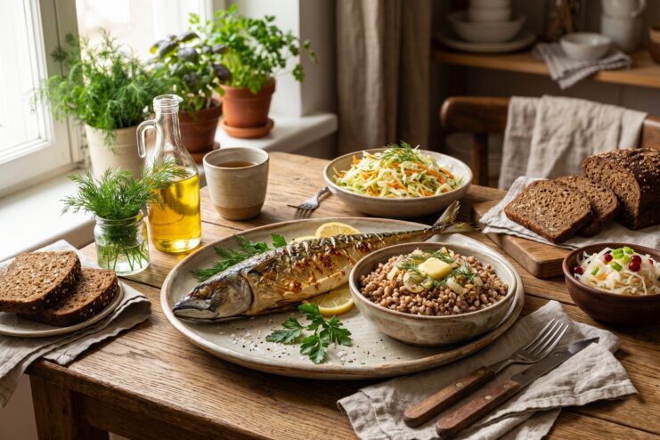 Baked Mackerel With Buckwheat And Salad Baked mackerel served with fluffy buckwheat and fresh cabbage salad on a wooden table