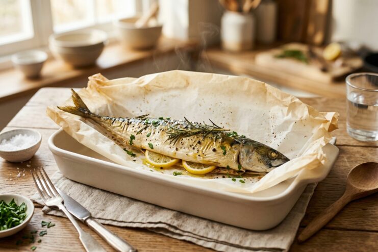 Mackerel baked with herbs in the oven Mackerel baked in parchment paper with lemon and rosemary