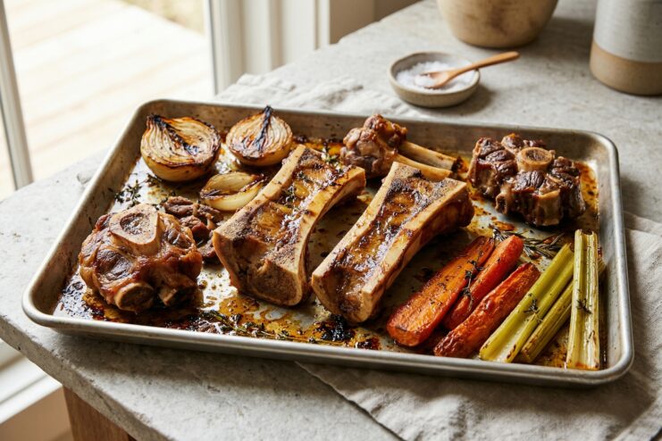 Roasting Bones for Flavor Oven-roasted beef bones and vegetables on a baking sheet