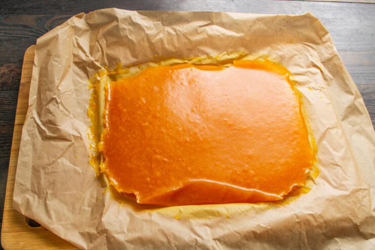 Set Jelly Sheet Fully set sheet of apricot jelly on parchment paper