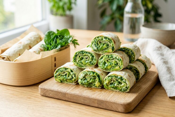 Shrek rolls with a healthy filling Green lavash wraps filled with spinach spread