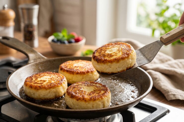Frying syrniki in a pan until golden Golden cheese pancakes frying in oil in a skillet, with one pancake being lifted slightly by a kitchen spatula.