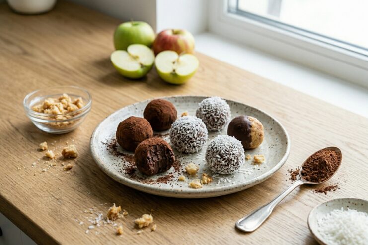 Transforming Dense Sponge Cake Into Truffles Healthy chocolate truffle pastries made from repurposed dense sugar-free sponge cake