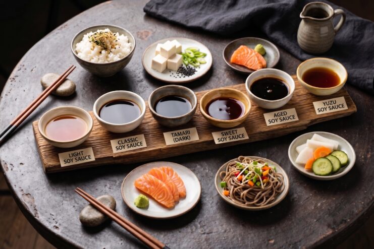 Various styles of soy sauce in ceramic bowls including Tamari, light, dark, and sweet varieties