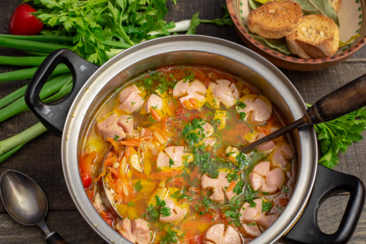 Hearty 30-minute sausage soup served with crispy croutons and fresh herbs