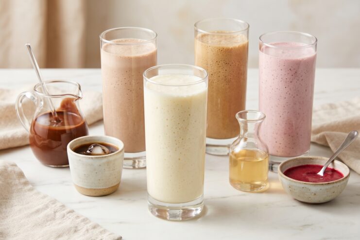 Assorted Milkshake Flavors Assortment of milkshakes in various flavors including chocolate, vanilla, berry, and coffee.