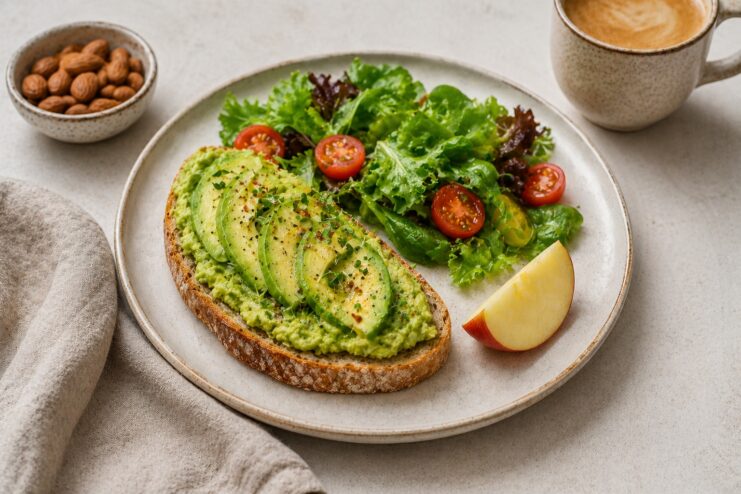 Avocado Toast on a Plate Avocado toast with fresh salad and tomatoes on a ceramic plate