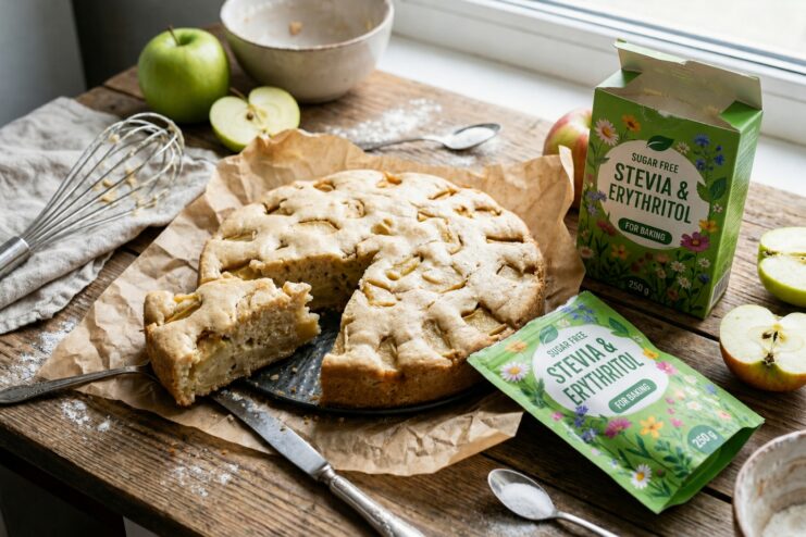 Baked homemade sugar-free apple sponge cake sweetened with stevia and erythritol