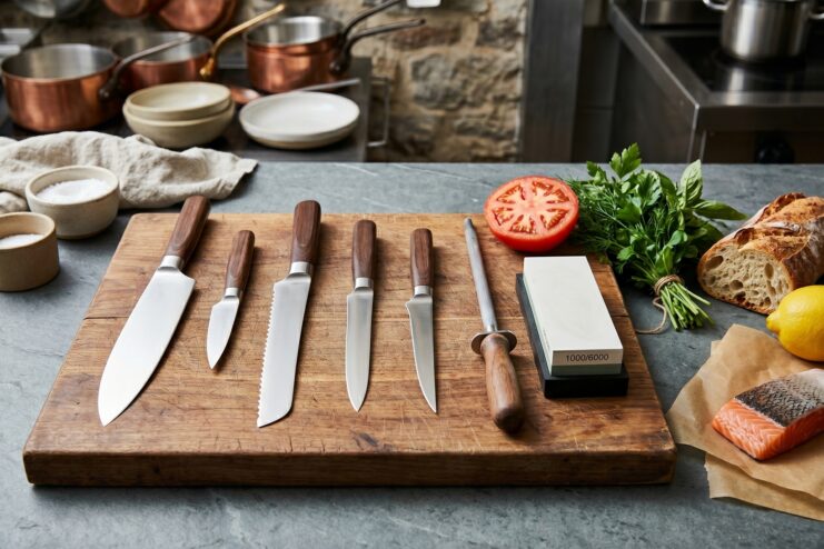 Five basic kitchen knives, a honing steel, and a whetstone arranged on a wooden cutting board