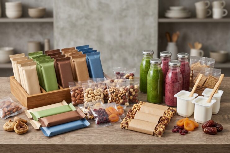 The Healthy Snack Industry Large selection of packaged healthy snacks including bars, nuts, and juices.