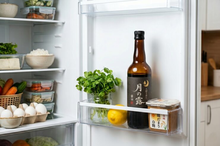 Storing Soy Sauce in the Refrigerator An opened bottle of Japanese naturally brewed soy sauce standing on a refrigerator shelf