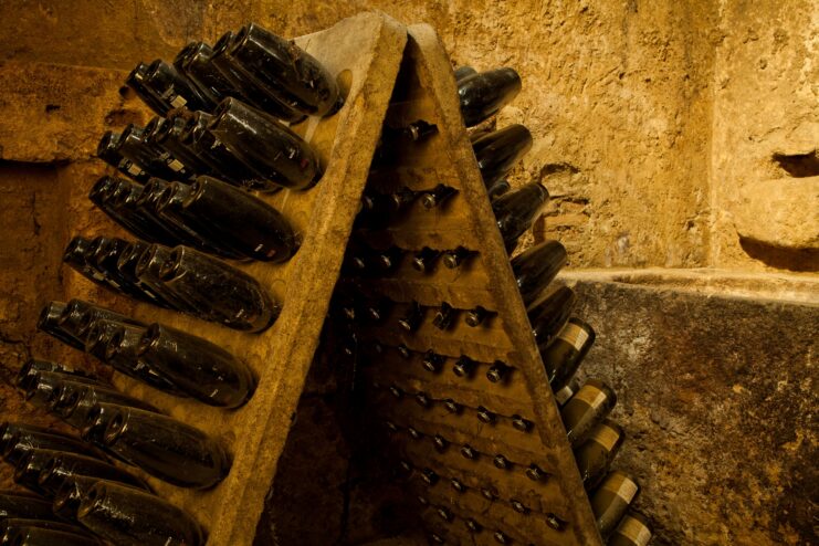 Rows of Spanish Cava bottles aging on wooden racks inside a dark wine cellar