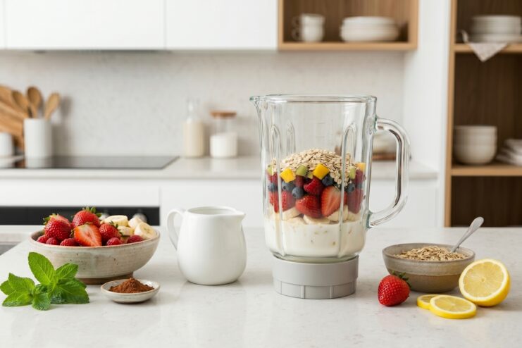 Proper Blender Loading Order A blender pitcher filled with layers of yogurt, berries, fruits, and topped with rolled oats