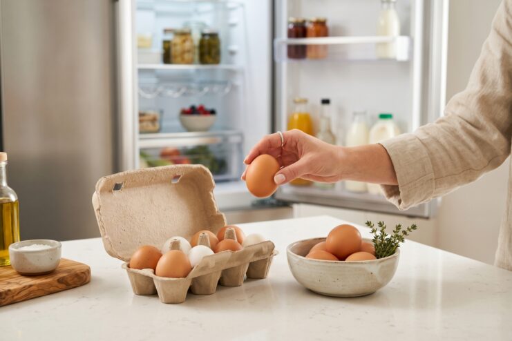 Egg Storage Locations Person taking a fresh chicken egg from a cardboard carton on a kitchen counter with a refrigerator in the background.